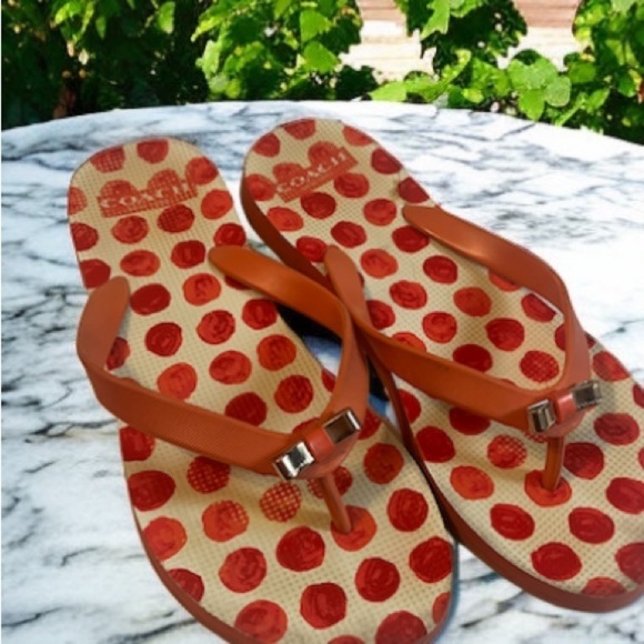 Coach Amel Coral/Orange Sz 7 Polka Dot Thong Flip Flops - Picture 2 of 7